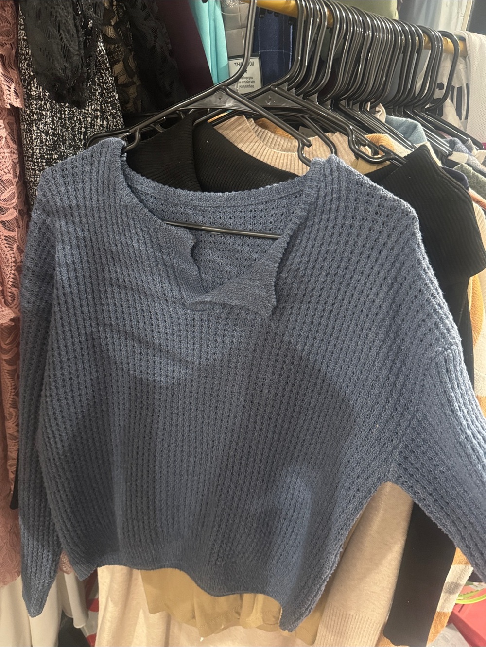 Women's Blue Knit Waffle Sweater - Casual Pullover